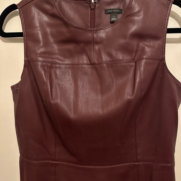 ANN TAYLOR Seamed Faux Leather Sheath Dress In Mauve Rose Burgundy - Picture 4 of 5